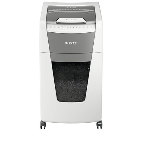 White and grey shredder with wheels and Leitz logo.