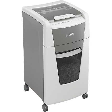 Leitz paper shredder, gray-white. Paper shreds are visible in a container. Wheels enable mobility.