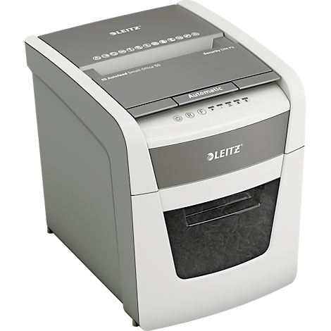 Leitz shredder. White and grey device with "Leitz" logo. Shredded paper visible in the collection container.