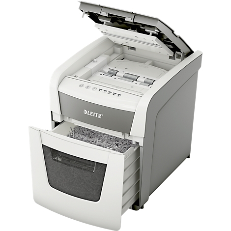 Shredder with open lid and drawer pulled out with shredded papers. Leitz brand.
