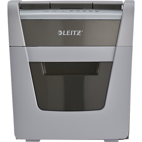 A gray paper shredder from the Leitz brand, framed with white. The Leitz logo is on the dark front.