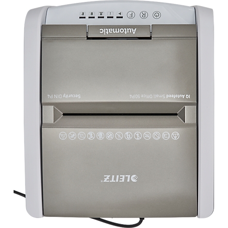 Grey Leitz shredder. Buttons and indicators at the top, the feed below. The logo is at the bottom right.