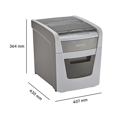 Leitz paper shredder in gray and white, with dimensions: 364 x 430 x 407 mm.