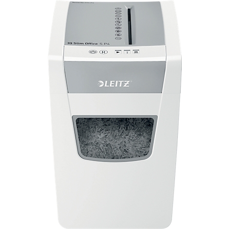 White Leitz paper shredder. Gray accent stripes, paper ejection opening, and container for shredded paper.