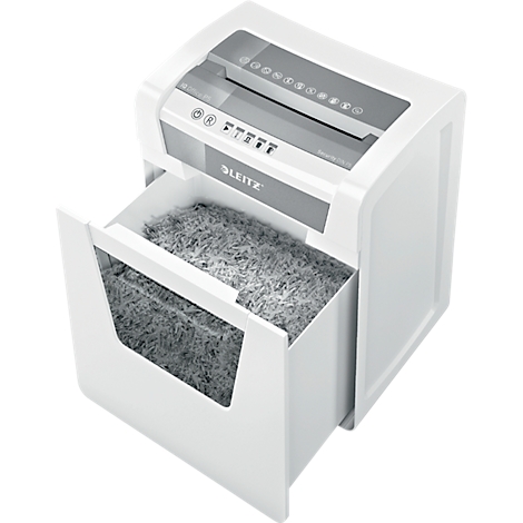 White paper shredder with open drawer filled with shredded paper. The Leitz logo is visible.