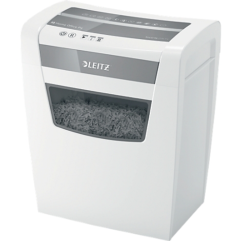 White paper shredder with Leitz logo and visible paper shredder container.