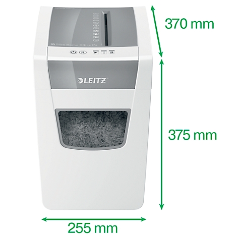 White paper shredder with gray top. 'LEITZ' inscription. Dimensions: 370 mm high, 375 mm long, 255 mm wide.