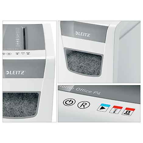 Detailed shot of a white Leitz paper shredder. Different views show the control panel, the waste container, and other details.