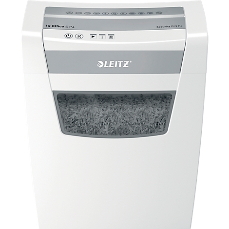 Witte Leitz papierversnipperaar, met grijs bedieningspaneel en kijkvenster voor het versnipperde papier.