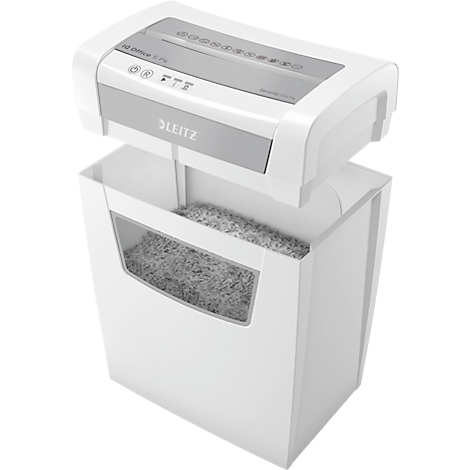 Witte papierversnipperaar met grijze accenten. Een container is gevuld met versnipperd papier.