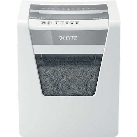 Witte papierversnipperaar met grijze voorkant en LEITZ-logo. Papiersnippers zijn zichtbaar in de opvangbak.