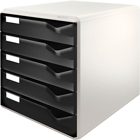 Witte bureau-organizer met vijf zwarte laden. Elke lade heeft een verzonken handgreep en een wit naamlabel.