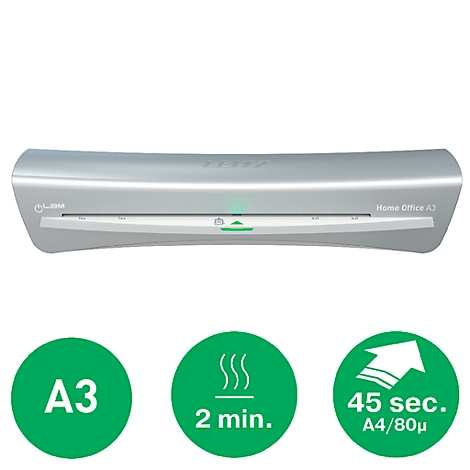Grey A3 laminator. Three green circles with information: A3, 2 min, 45 sec. A4/80μ.