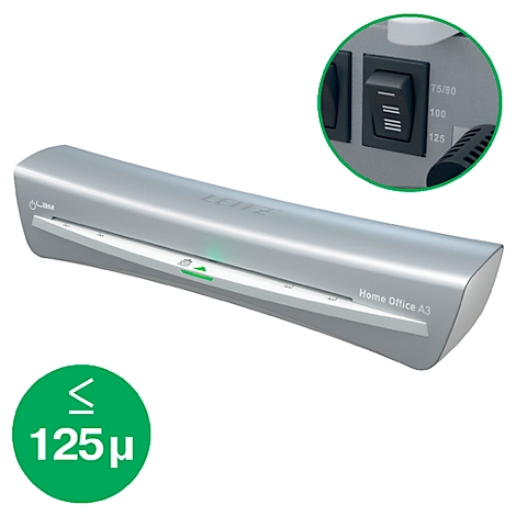 Grey A3 laminator with green and black controls. In detail a switch and the symbol for up to 125µ.