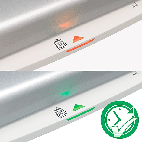 Detail of a laminator. An orange LED is lit at the top, with a green LED display below.
