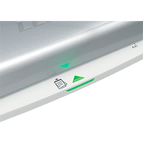 Close-up of a laminator with green indicator lights. On a white surface is a green triangle and a symbol for inserting paper.