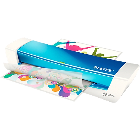 A blue and white Leitz laminator laminating a colorful paper. On top, a paper with dancing figures.