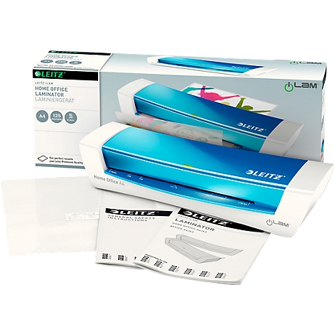 A blue and white Leitz Home Office laminator with accessories, packaging and instructions.