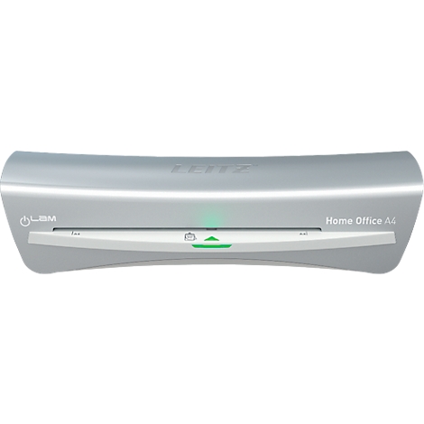 Gray laminator with green elements and the inscription Home Office A4.