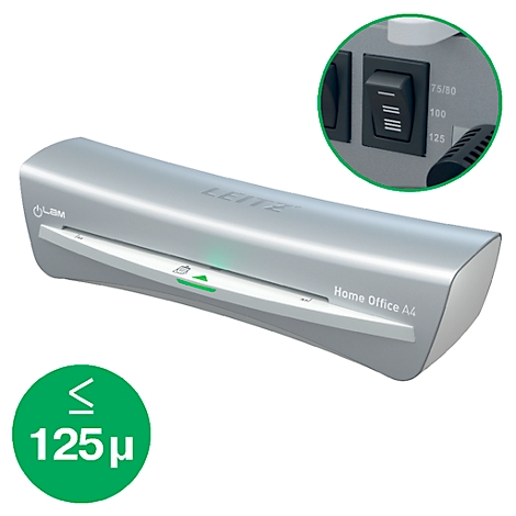 Gray laminator, LEITZ Home Office A4, with green light and the note: <= 125µ.
