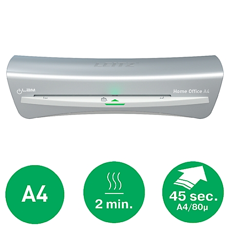 Gray laminator, Home Office A4, with green circles for specifications: A4, 2 minutes heating time, 45 seconds laminating time.