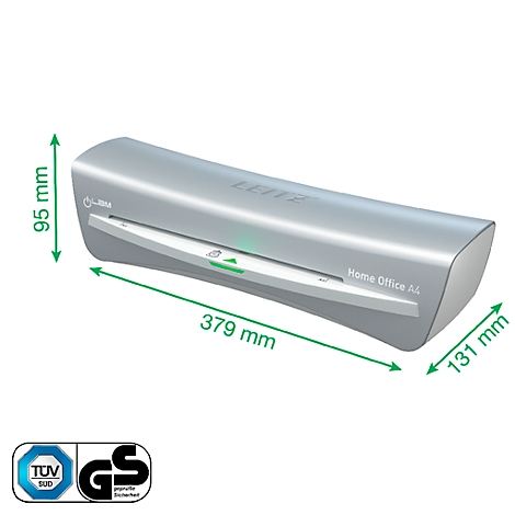 Grey Leitz laminator. Dimensions: 379 x 131 x 95 mm. Labeled Home Office A4. Green illuminated start button.