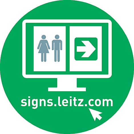 Green round sign. Computer screen with toilet and direction symbols. Text: signs.leitz.com. Mouse cursor.