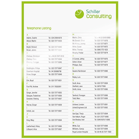 Telephone listing with names and phone numbers on white background, green frame.