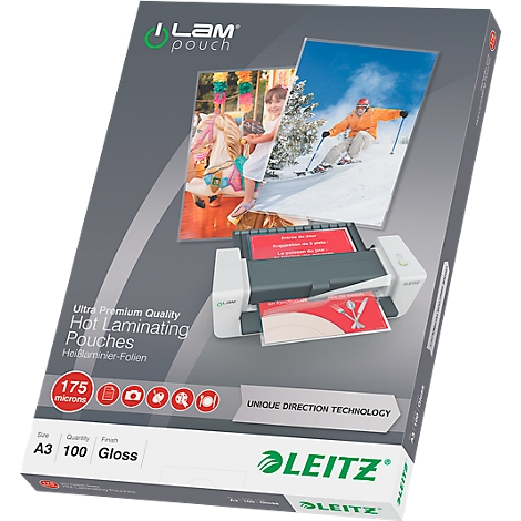 A Leitz box of laminating pouches with example images, including a child and a skier. Text: A3, 100, Gloss.