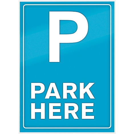 Blue parking sign with white P and text: PARK HERE.