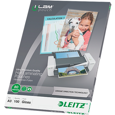 Product packaging with laminated examples, including a girl with a dog and a chart.