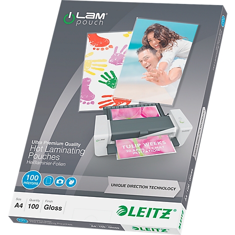 Laminating pouch package with photos and text. The package shows a laminated photo and a laminated invitation. LEITZ is at the bottom.