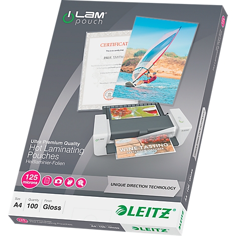 Product packaging of laminating pouches. Printed with certificates, a windsurfer, and a table card.