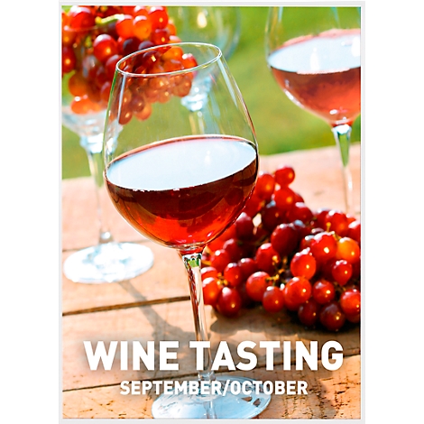 Red wine in glasses, grapes. Inscription: Wine Tasting, September/October.