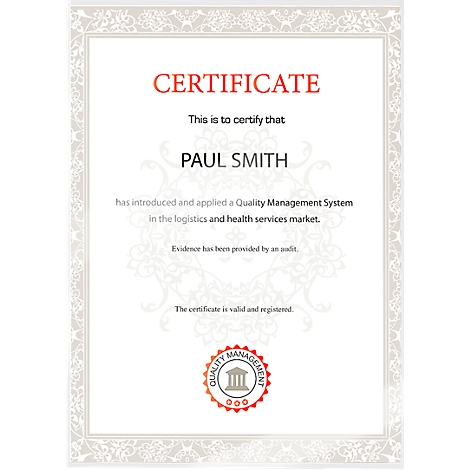 Certificate with red "certificate" text, Paul Smith and text. A quality seal is at the bottom.