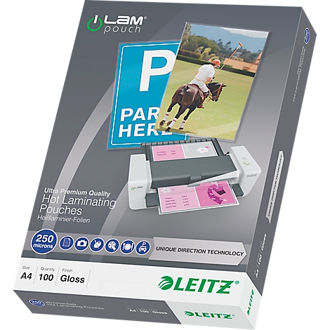 Product packaging with laminating pouches. The packaging shows a lamination and a polo player.