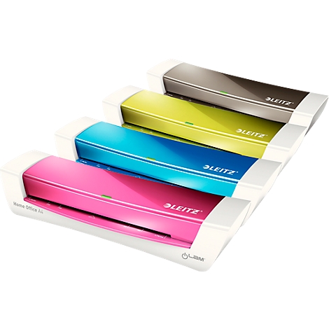 Four laminators in pink, blue, yellow, and grey, arranged side by side. Each device has a white frame and the Leitz lettering.