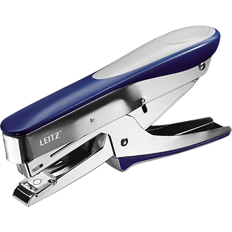 Blue and silver stapler, LEITZ brand, on a white background. Handle in blue and white.