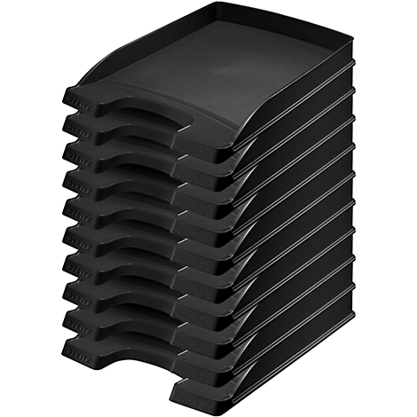 Stack of black document trays; each tray with a curved edge.