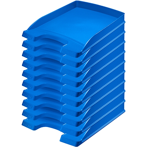 A stack of blue trays, slightly angled.