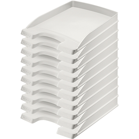 A stack of white, rectangular trays with slightly rounded corners and cutouts for access.