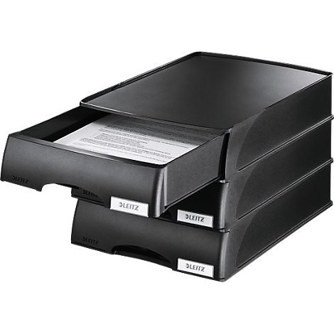 Black, stackable paper tray with three compartments. Two compartments are visible, the top one filled with paper, and labeled with LEITZ.