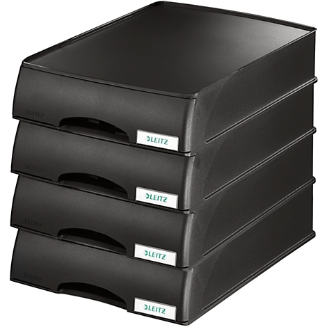 Four black Leitz paper trays stacked. Each tray has the white Leitz logo.