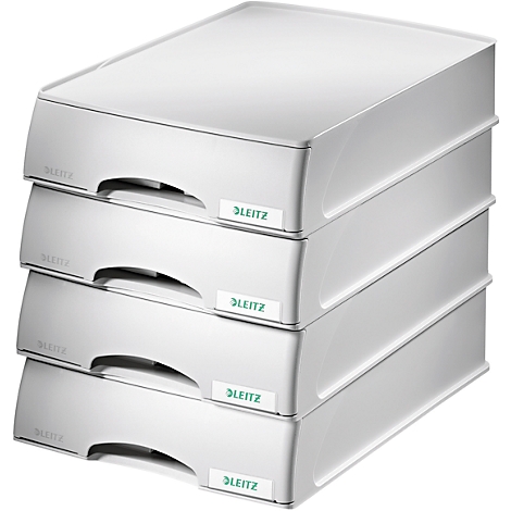 Stack of four white drawers with the label "LEITZ".