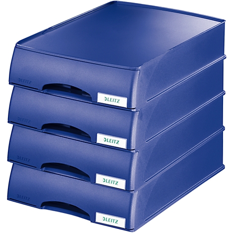 Blue stacked drawers with the LEITZ logo.