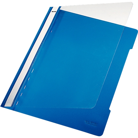 Blue presentation folder, open, with a transparent pocket and a white stripe on the left edge.