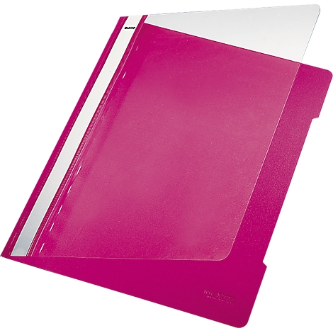 An open, pink document folder with a transparent sleeve. The white strip with the brand name is visible on the left.