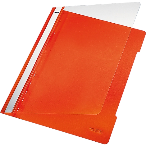 An orange document folder with transparent inner pockets. On the left side is a white stripe with the lettering.