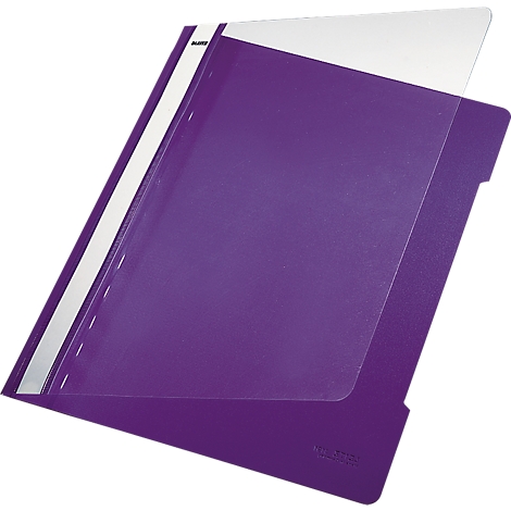 Purple file folder with transparent cover, open.