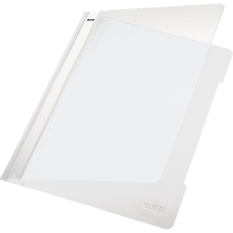 Transparent white document folder with an opened clear plastic sleeve.